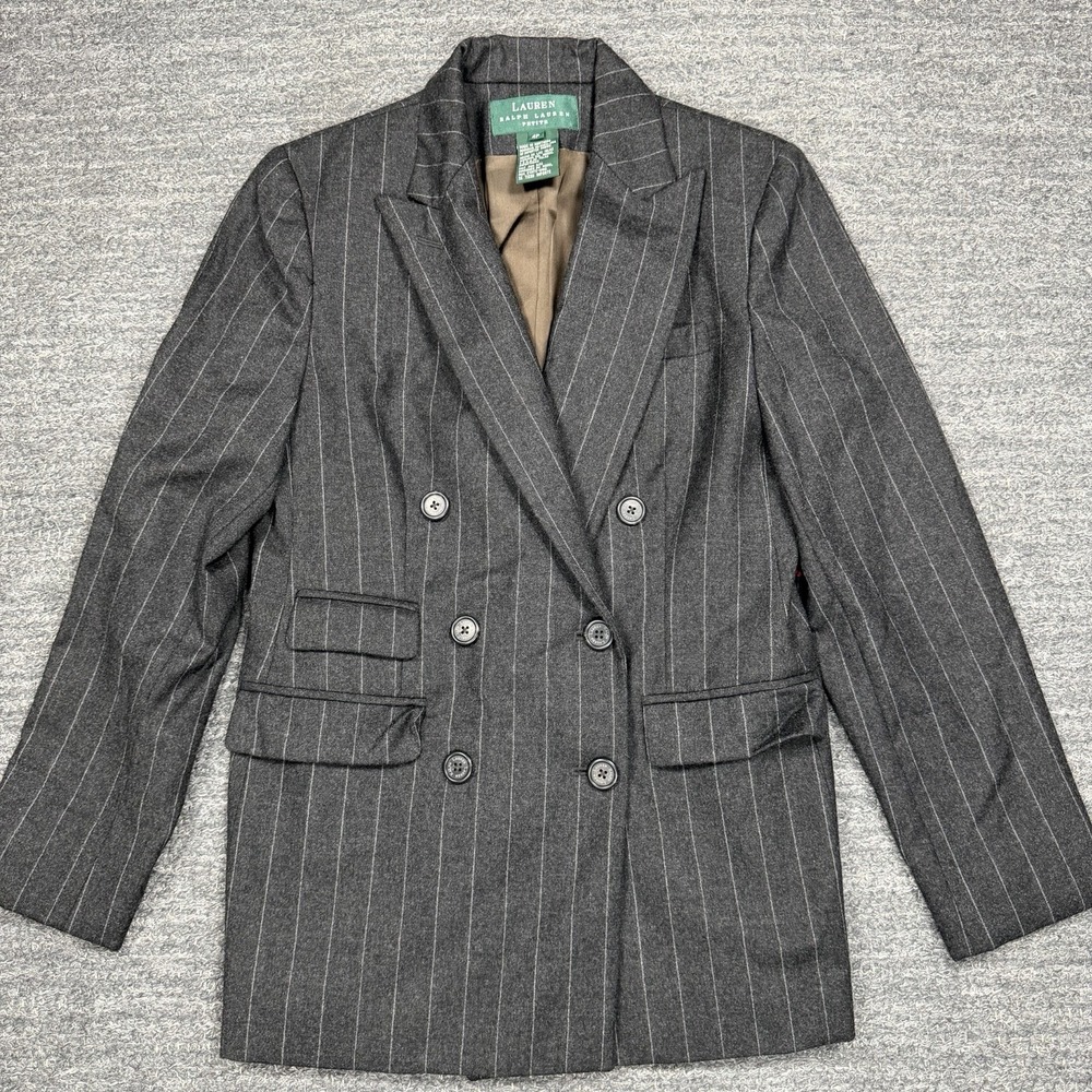 Vintage Lauren Ralph Lauren Double Breasted Blazer Women 4 Petite Gray Pinstripe